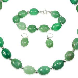 Natural Jade Necklace ,Bracelet , Earring Set with 925 Sterling Silver Beads